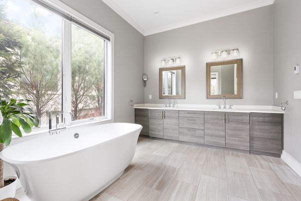 Bathroom, Dual Sink Vanities, Free Standing Baths, Interior, Recessed Lighting, Wood Texture Flooring