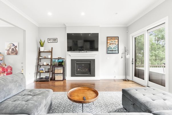 Fireplace, Interior, Living room, Recessed Lighting, Wood Texture Flooring