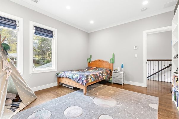 Bedroom, Interior, Recessed Lighting, Wood Texture Flooring