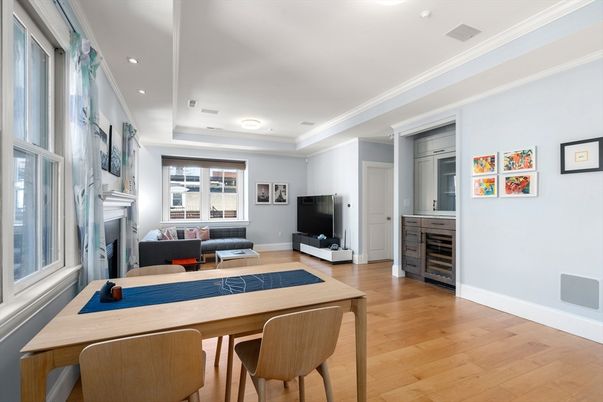 Fireplace, Game Room, Interior, Living room, Recessed Lighting, Wood Texture Flooring