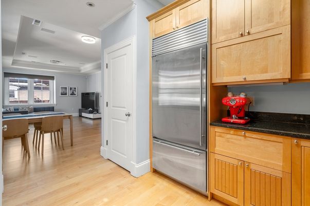 Dining room, Interior, Kitchen, Recessed Lighting, Stainless Steel Appliances, Wood Texture Flooring