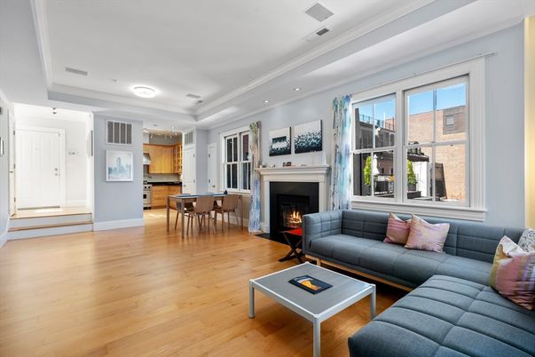 Dining room, Fireplace, Interior, Kitchen, Living room, Recessed Lighting, Wood Texture Flooring