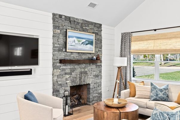 Fireplace, Interior, Living room, Stone Walls, Wood Texture Flooring