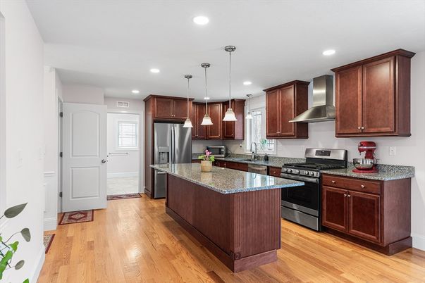 Interior, Kitchen, Pendant Lights, Recessed Lighting, Stainless Steel Appliances, Wood Texture Flooring