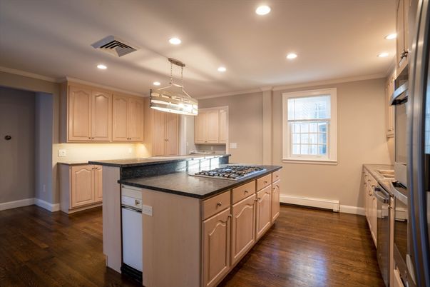 Chandelier, Interior, Kitchen, Pendant Lights, Recessed Lighting, Wood Texture Flooring