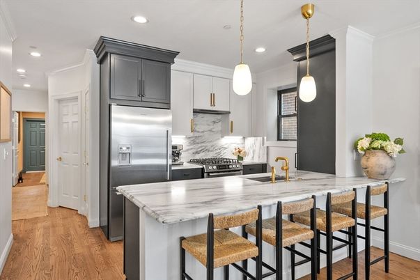 Interior, Kitchen, Pendant Lights, Recessed Lighting, Stainless Steel Appliances, Wood Texture Flooring