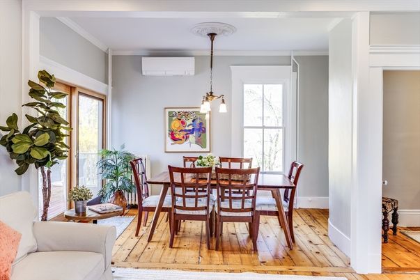 Dining room, Interior, Pendant Lights, Wood Texture Flooring