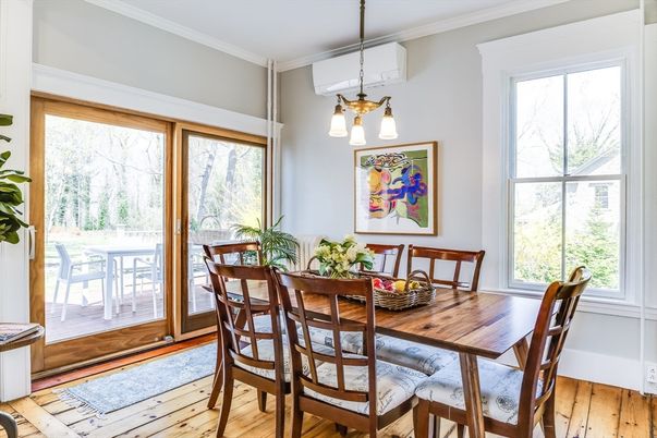 Dining room, Interior, Pendant Lights, Wood Texture Flooring