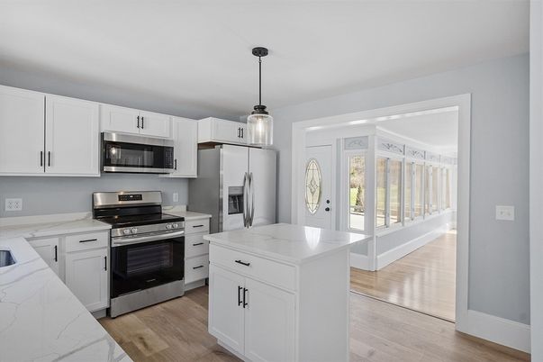 Interior, Kitchen, Pendant Lights, Stainless Steel Appliances, Wood Texture Flooring
