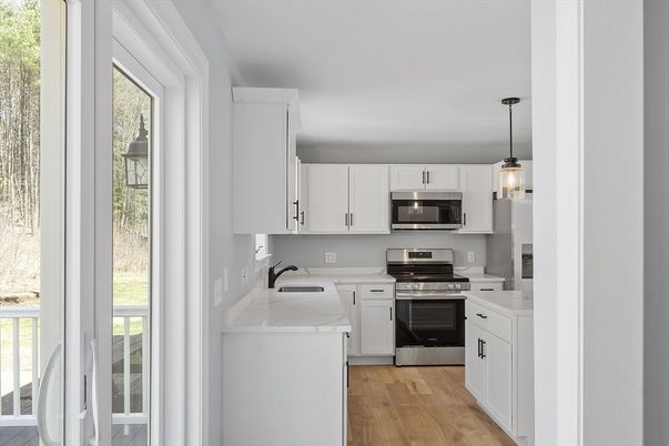 Interior, Kitchen, Pendant Lights, Stainless Steel Appliances, Wood Texture Flooring