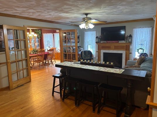 Dining room, Fireplace, Interior, Wood Texture Flooring