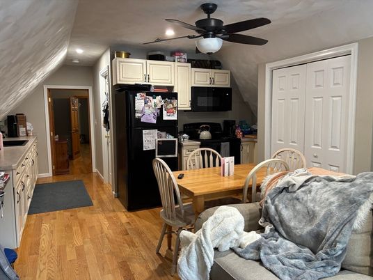 Dining room, Interior, Kitchen, Recessed Lighting, Wood Texture Flooring