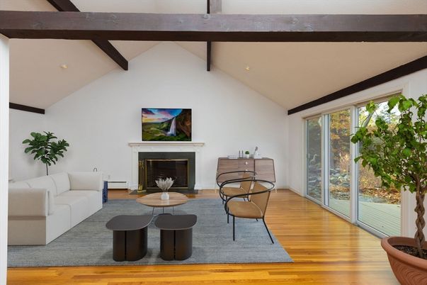 Fireplace, Interior, Living room, Recessed Lighting, Wooden Beams, Wood Texture Flooring