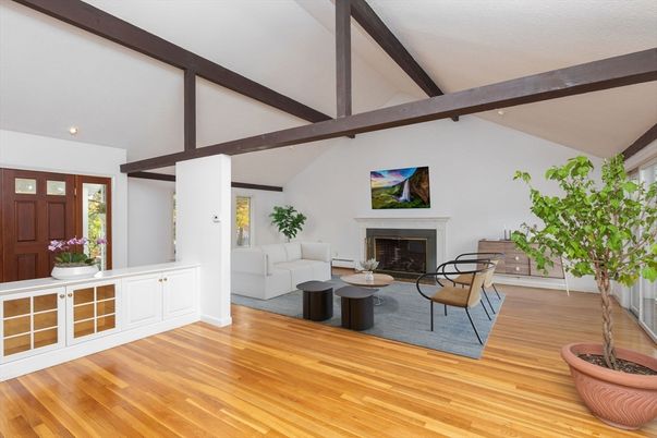 Fireplace, Interior, Living room, Recessed Lighting, Wooden Beams, Wood Texture Flooring