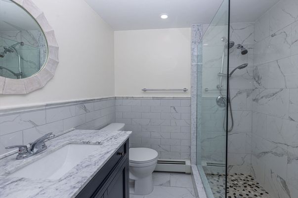 Bathroom, Glass Shower, Interior, Marble, Marble Walls, Recessed Lighting
