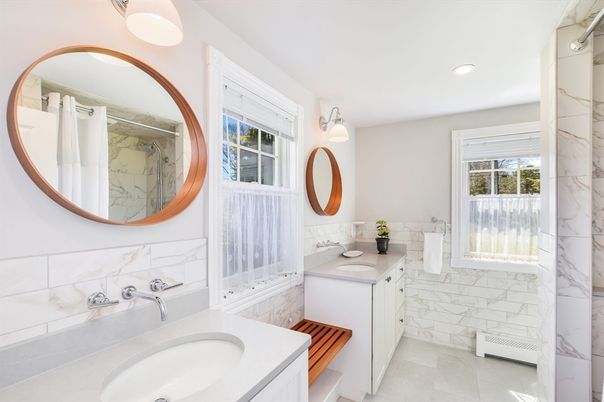 Bathroom, Dual Sink Vanities, Interior, Marble Walls, Recessed Lighting