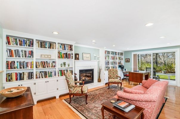 Fireplace, Home Office, Interior, Living room, Recessed Lighting, Wood Texture Flooring
