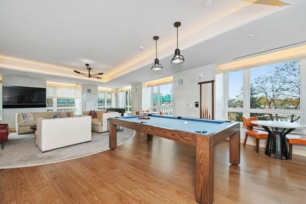 Billiard Table, Game Room, Interior, Living room, Pendant Lights, Recessed Lighting, Wood Texture Flooring