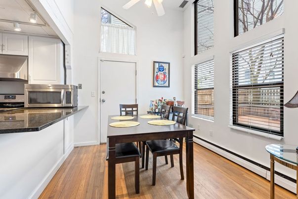 Dining room, Interior, Kitchen, Stainless Steel Appliances, Wood Texture Flooring