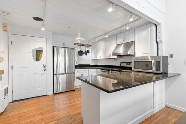 Interior, Kitchen, Recessed Lighting, Stainless Steel Appliances, Wood Texture Flooring