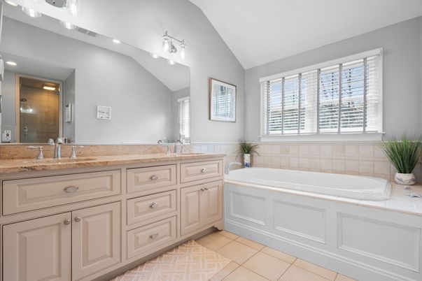 Bathroom, Dual Sink Vanities, Interior, Recessed Lighting, Tile Countertops