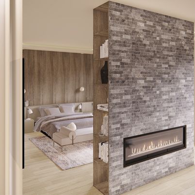 Bedroom, Fireplace, Interior, Wood Texture Flooring