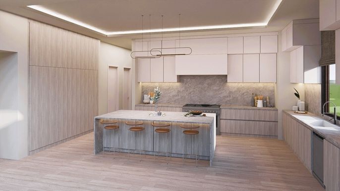 Interior, Kitchen, Pendant Lights, Recessed Lighting, Stainless Steel Appliances, Wood Texture Flooring