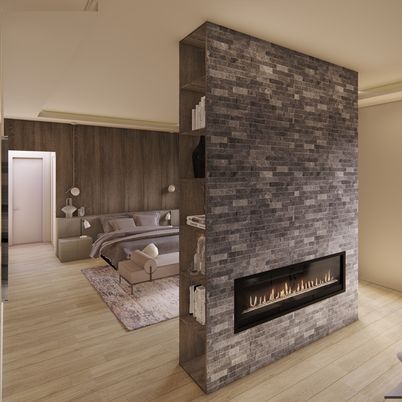 Bedroom, Fireplace, Interior, Wood Texture Flooring