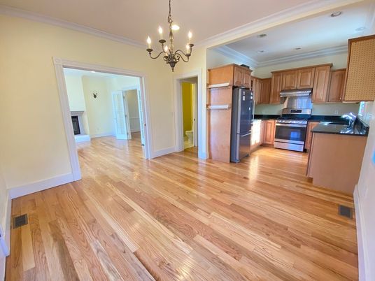 Chandelier, Interior, Kitchen, Recessed Lighting, Stainless Steel Appliances, Wood Texture Flooring