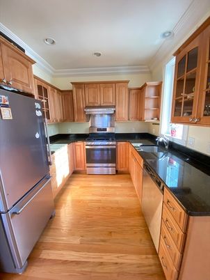 Interior, Kitchen, Recessed Lighting, Stainless Steel Appliances, Wood Texture Flooring