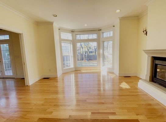 Empty room, Fireplace, Interior, Recessed Lighting, Wood Texture Flooring