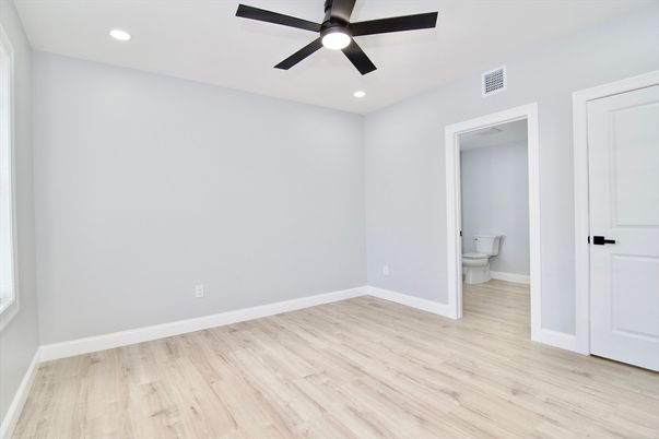 Bathroom, Empty room, Interior, Recessed Lighting, Wood Texture Flooring