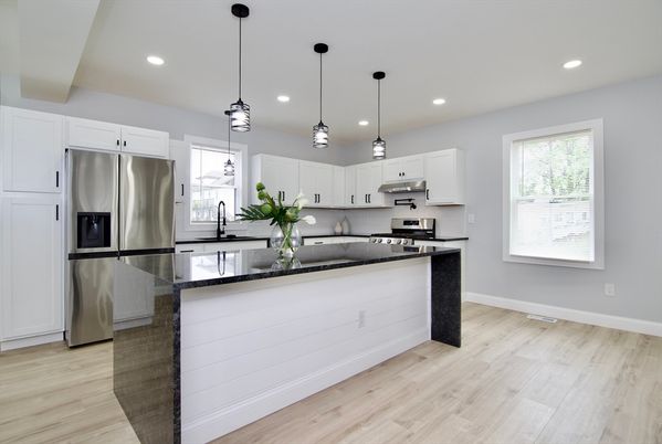 Interior, Kitchen, Pendant Lights, Recessed Lighting, Stainless Steel Appliances, Wood Texture Flooring