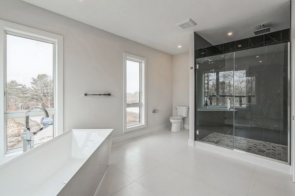 Bathroom, Glass Shower, Interior, Marble Walls, Recessed Lighting