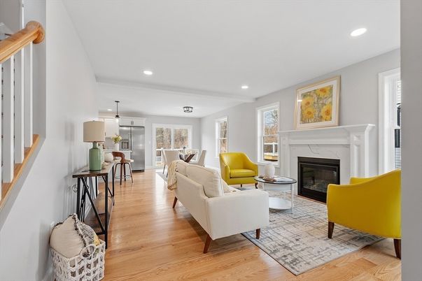 Dining room, Fireplace, Interior, Living room, Pendant Lights, Recessed Lighting, Wood Texture Flooring