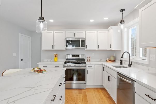 Interior, Kitchen, Pendant Lights, Recessed Lighting, Stainless Steel Appliances, Wood Texture Flooring