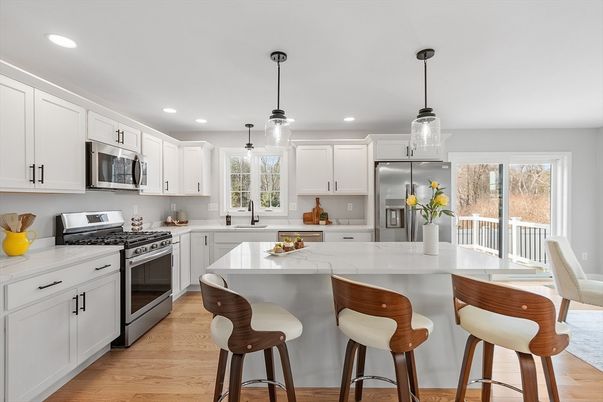 Interior, Kitchen, Pendant Lights, Recessed Lighting, Stainless Steel Appliances, Wood Texture Flooring