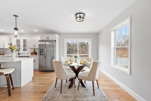 Dining room, Interior, Kitchen, Pendant Lights, Recessed Lighting, Stainless Steel Appliances, Wood Texture Flooring