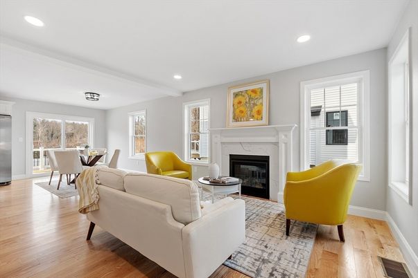 Dining room, Fireplace, Interior, Living room, Recessed Lighting, Wood Texture Flooring