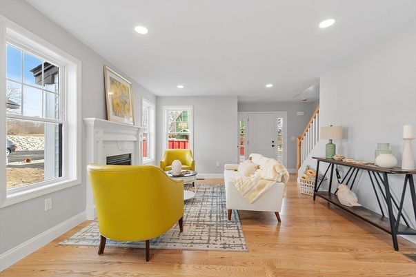 Fireplace, Interior, Living room, Recessed Lighting, Wood Texture Flooring
