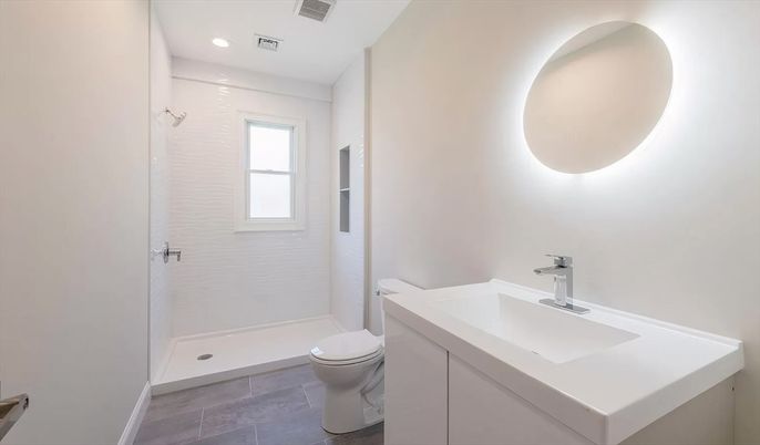 Bathroom, Interior, Recessed Lighting, Wood Texture Flooring