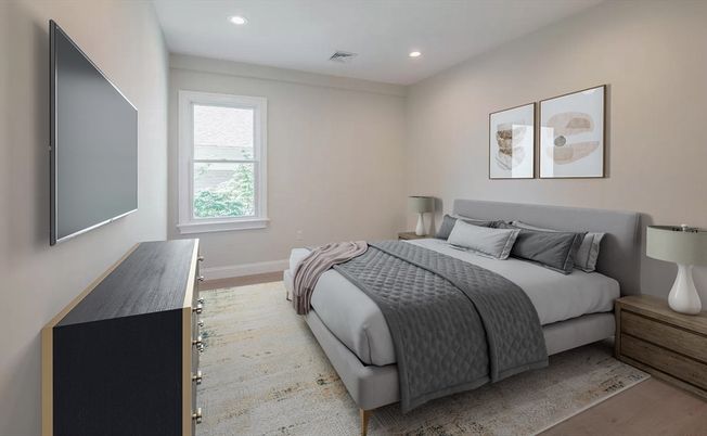 Bedroom, Interior, Recessed Lighting, Wood Texture Flooring