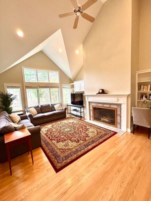 Fireplace, Interior, Living room, Recessed Lighting, Wood Texture Flooring