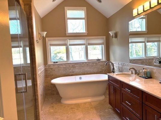 Bathroom, Free Standing Baths, Glass Shower, Interior, Recessed Lighting