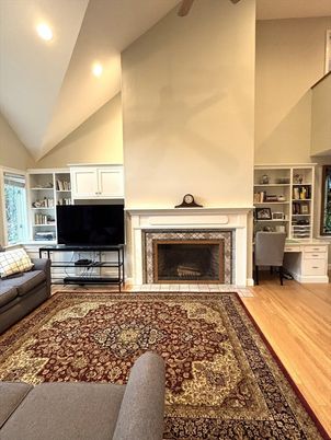 Fireplace, Interior, Recessed Lighting, Wood Texture Flooring