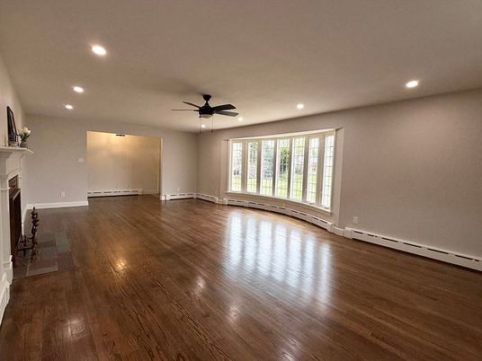 Empty room, Fireplace, Interior, Recessed Lighting, Wood Texture Flooring