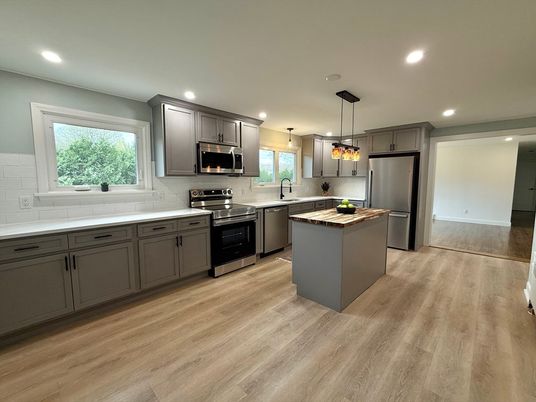 Interior, Kitchen, Pendant Lights, Recessed Lighting, Stainless Steel Appliances, Wood Texture Flooring