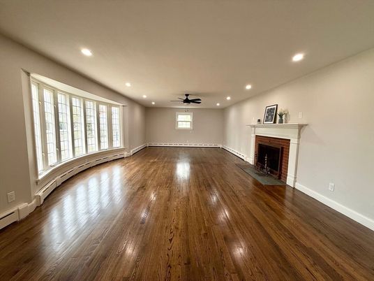 Empty room, Fireplace, Interior, Recessed Lighting, Wood Texture Flooring