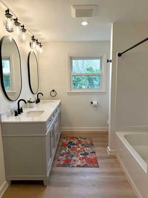 Bathroom, Dual Sink Vanities, Interior, Recessed Lighting, Wood Texture Flooring