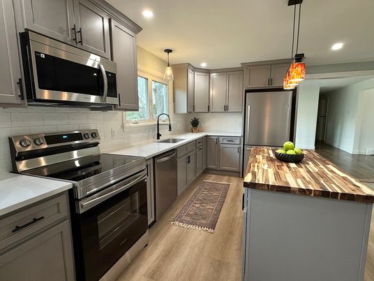 Interior, Kitchen, Pendant Lights, Recessed Lighting, Stainless Steel Appliances, Wood Texture Flooring